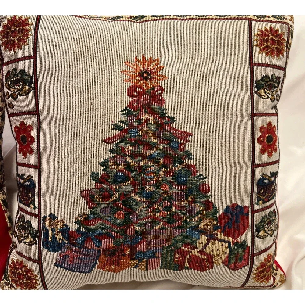 Vintage Tapestry Pillows Christmas tree with presents Square  12”x12”x4” (2)